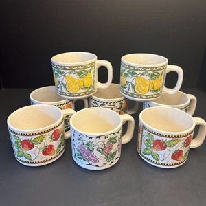 Vintage Mug/Cup Set of 8 Japan Orange-Grape-Pear-Strawberry Stacking Stoneware